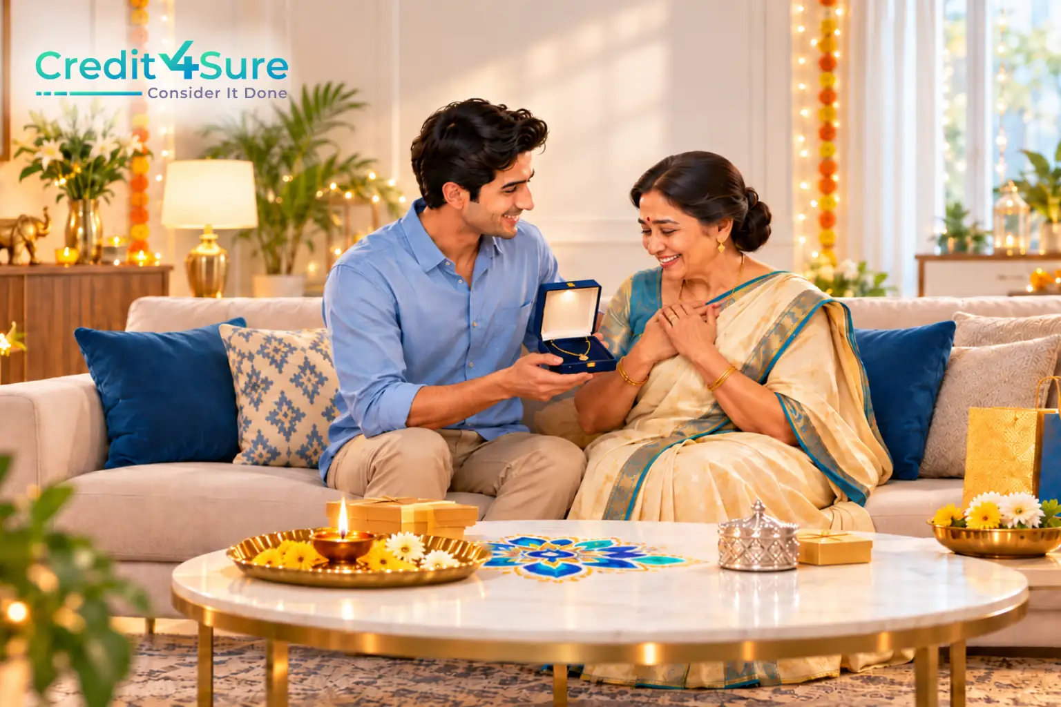 Son gifting a gold chain to his mother during Dhanteras 2026 festive celebrations.